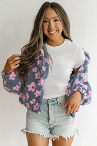 Multicolor Flower Print Zip Up Sherpa Jacket