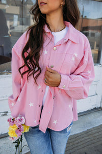 Pink Star Print Pocketed Batwing Sleeve Denim Jacket