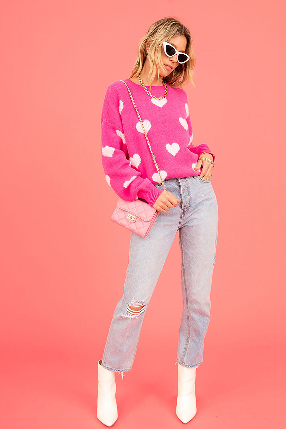 Bright Pink Fuzzy Valentine Hearts Drop Shoulder Sweater