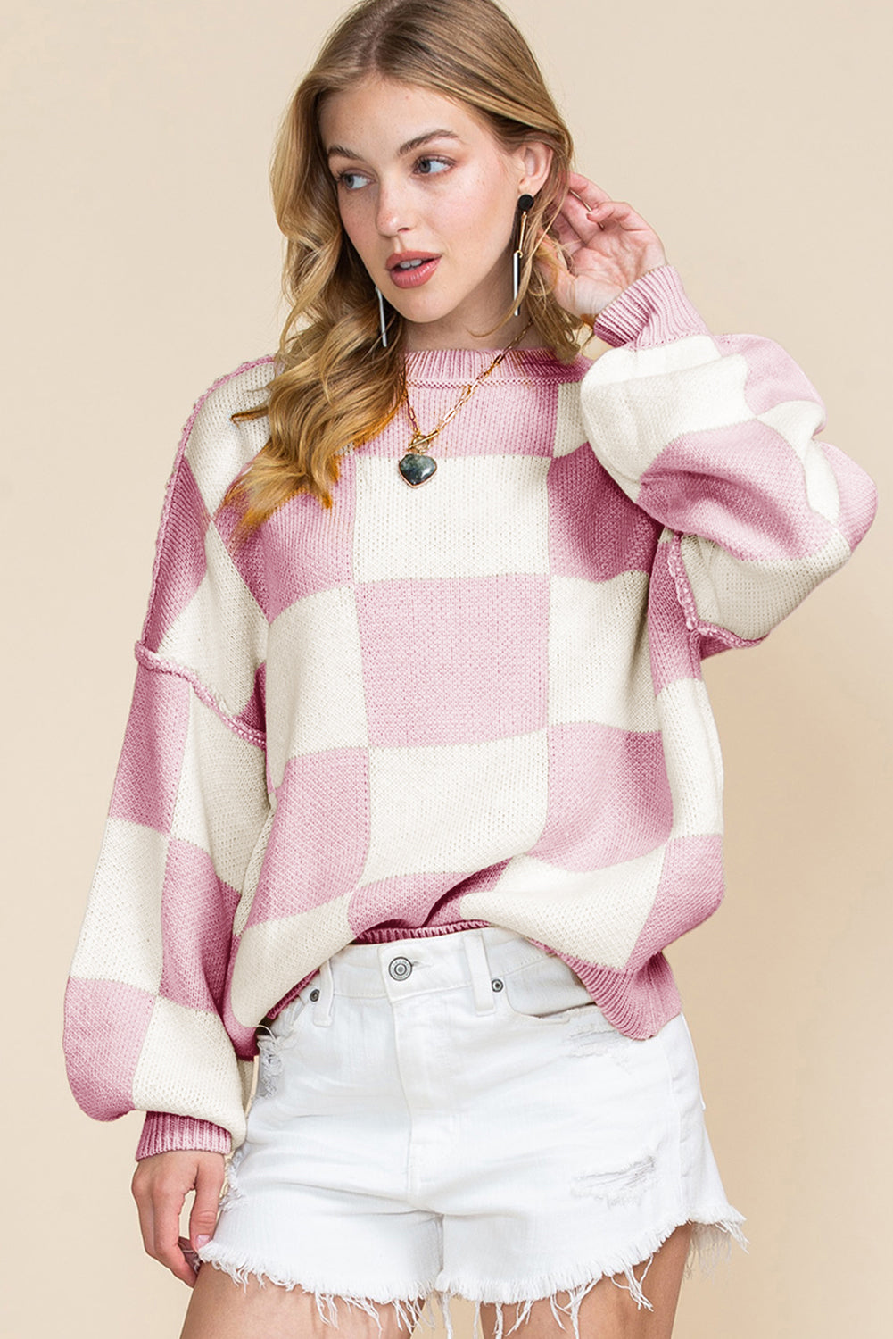 Pink hot sale checkered sweater