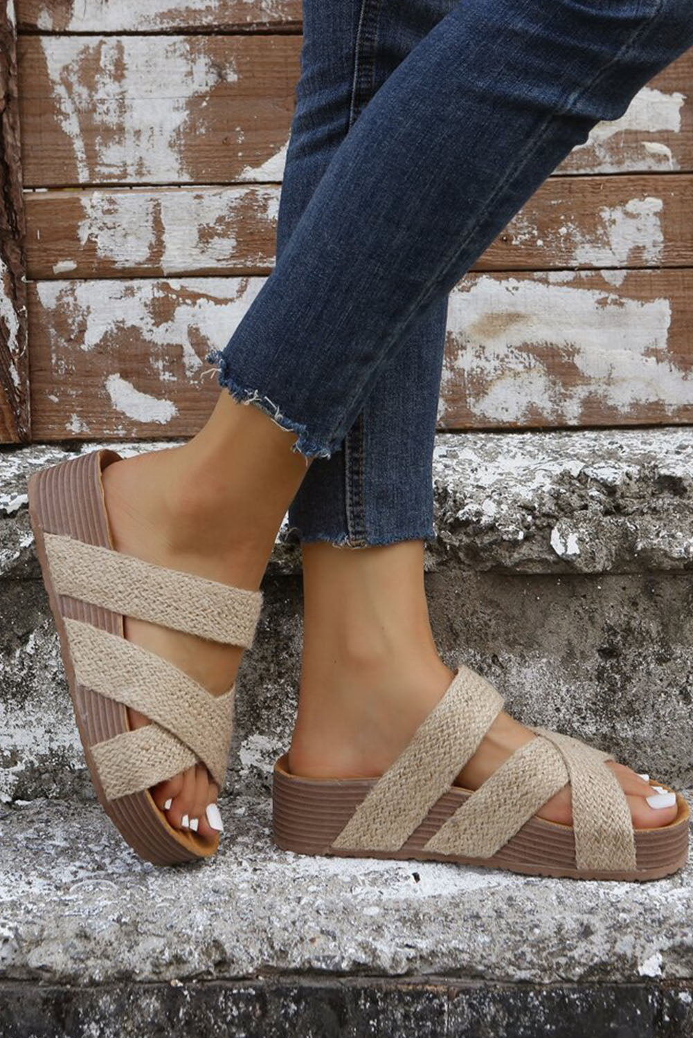 Beige Woven Criss Cross Strap Platform Slip on Sandals PINKCOLADA