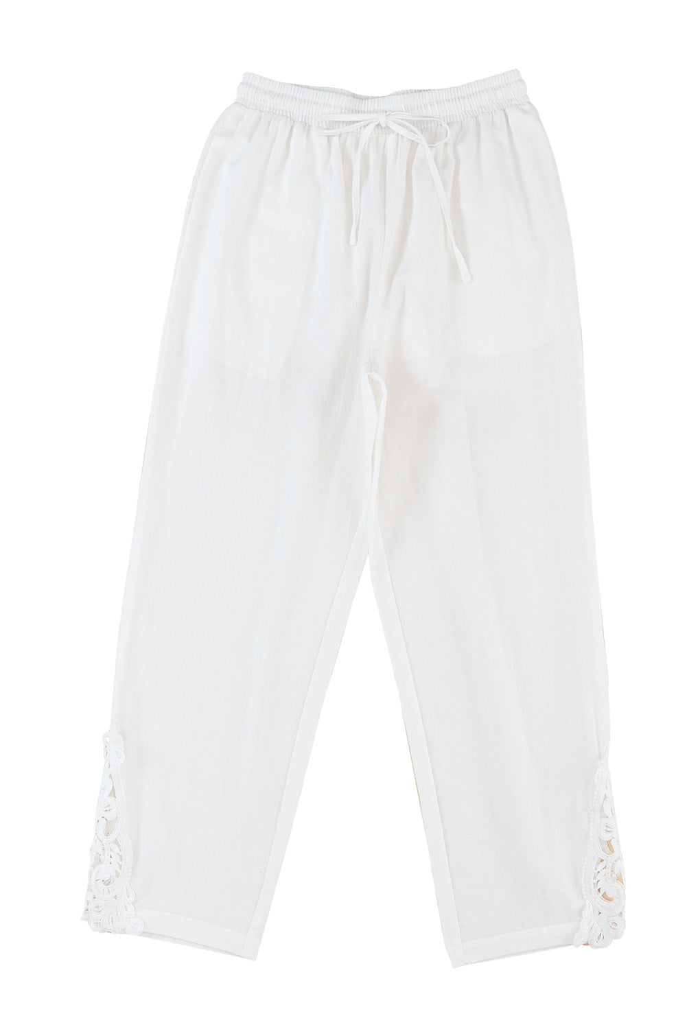 White Lace Splicing Drawstring Linen Pants