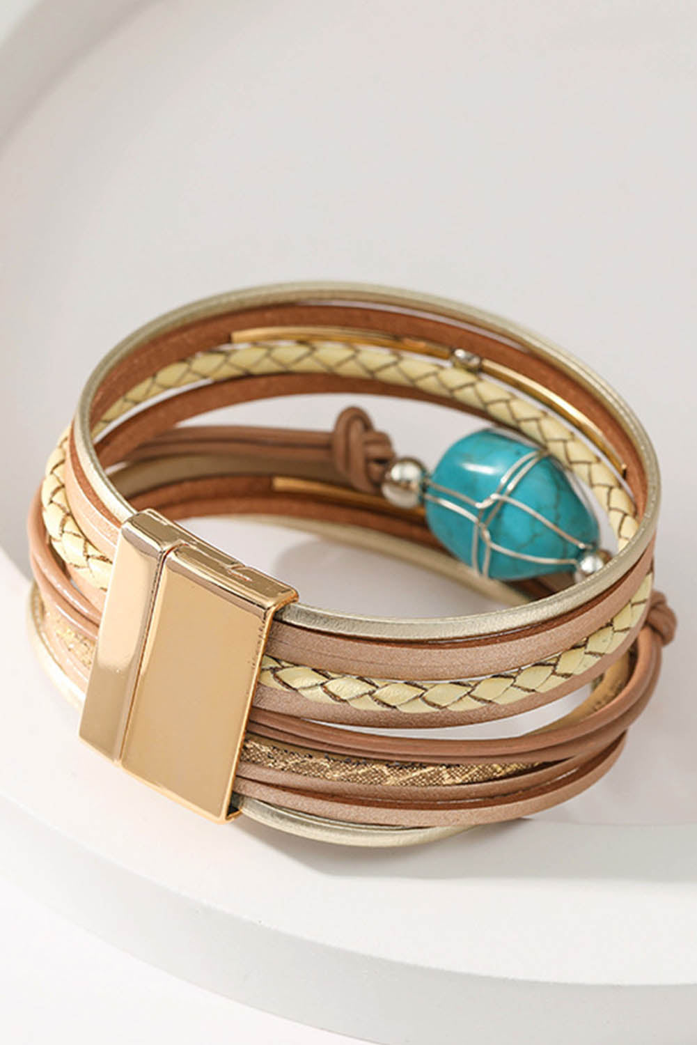 Khaki Multi-layer Leather Turquoise Beaded Bracelet