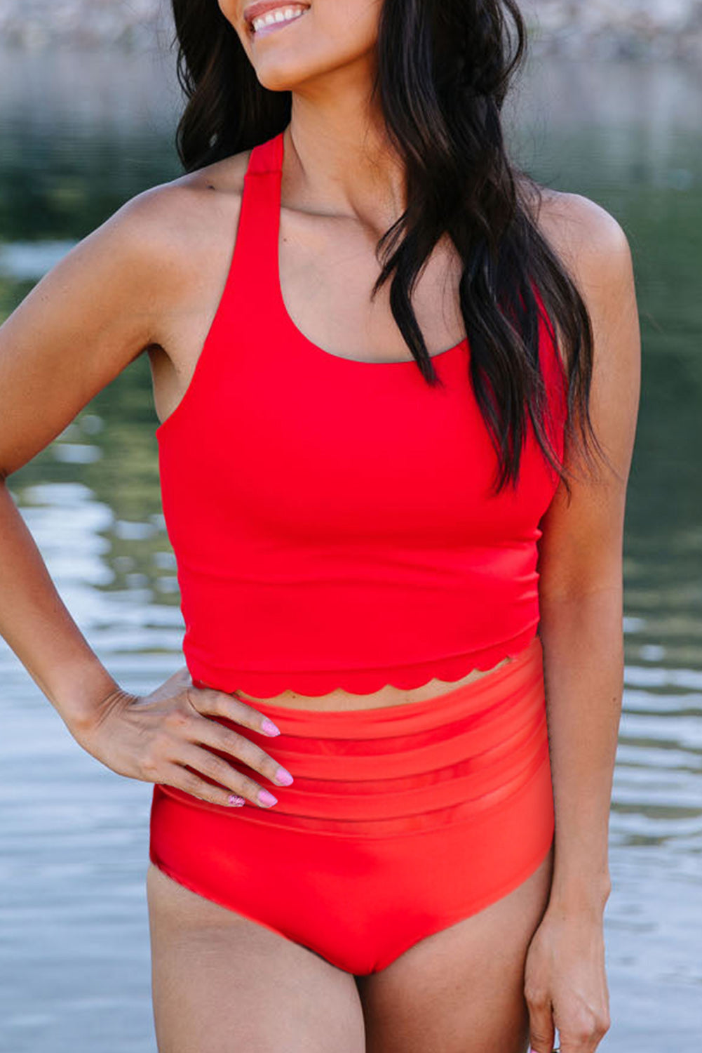 Red high waisted two piece clearance swimsuit