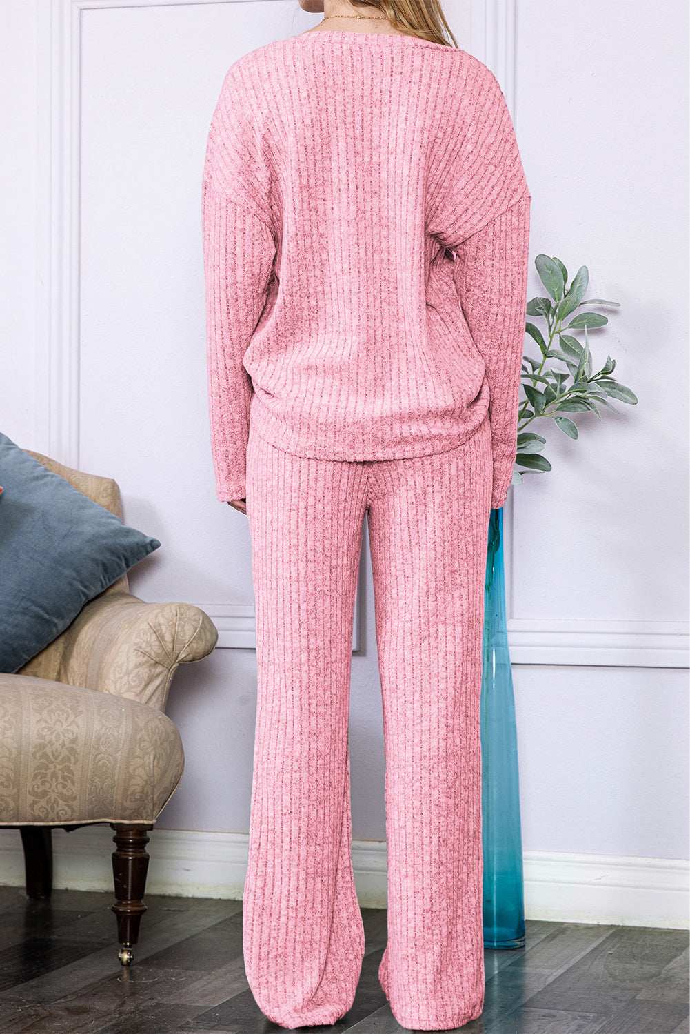 Light Pink Slouchy Ribbed Knit V Neck Top Pants Loungewear Set