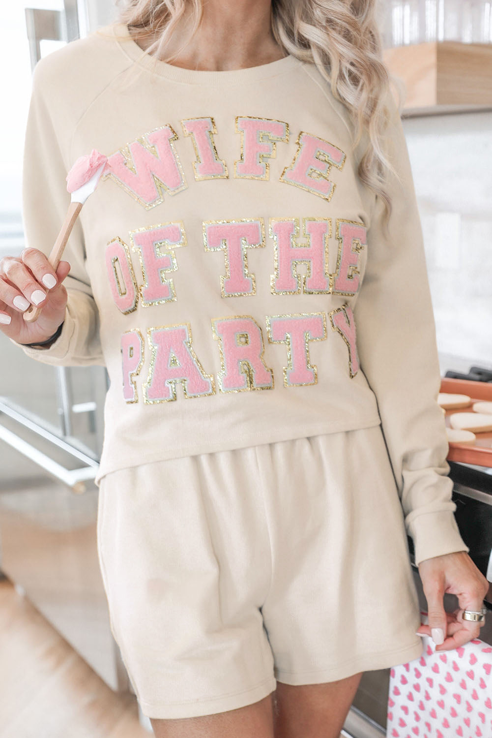 Apricot Letter Embroidered Sweatshirt and Shorts Loungewear Set