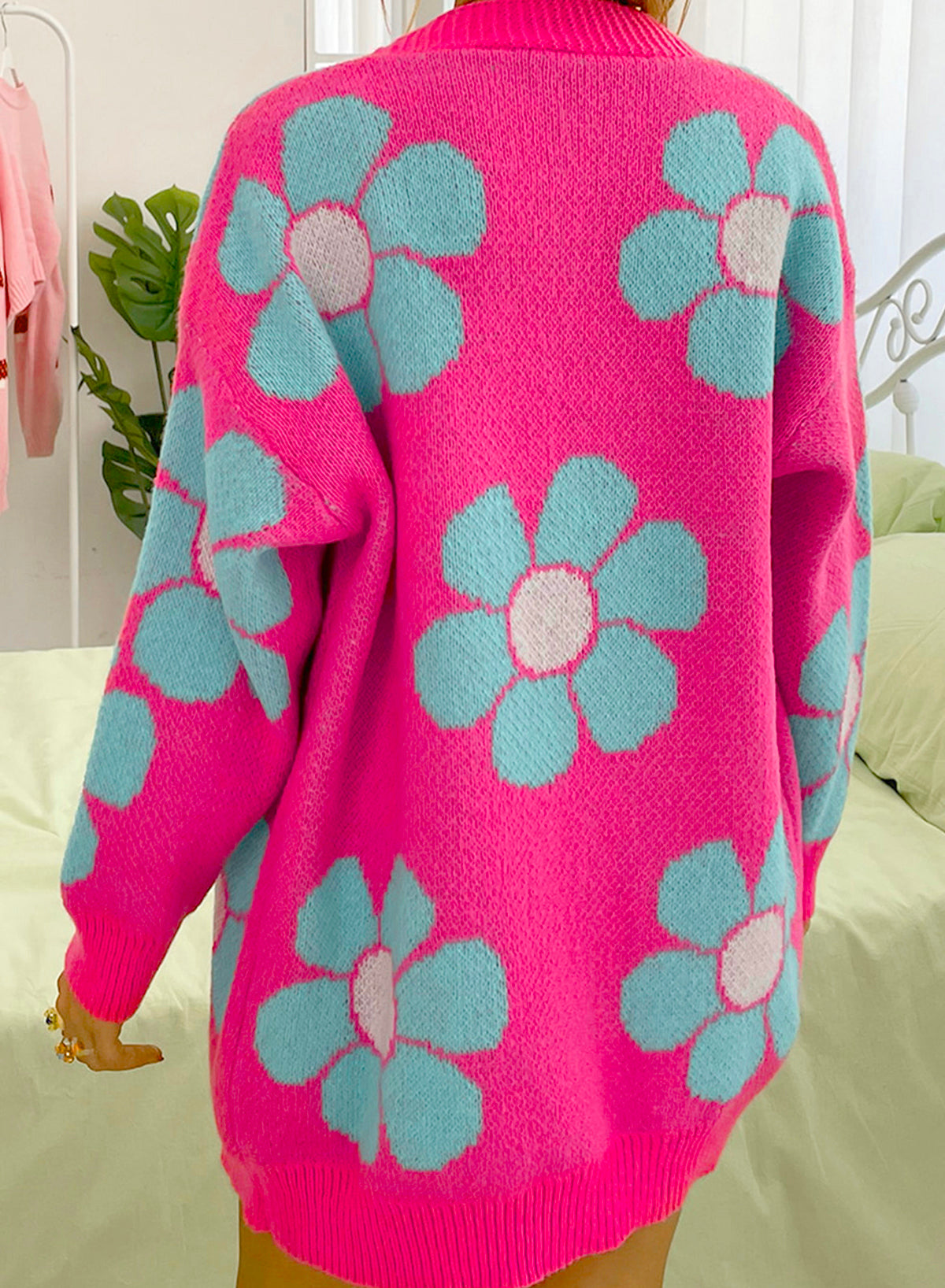 Pink button up online sweater