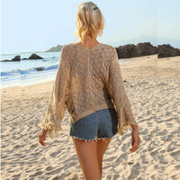 See-Through Lace-Up Fringes Openwork Cover Up