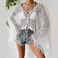 See-Through Lace-Up Fringes Openwork Cover Up