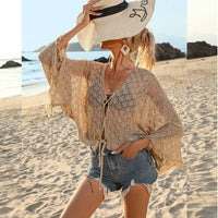 See-Through Lace-Up Fringes Openwork Cover Up