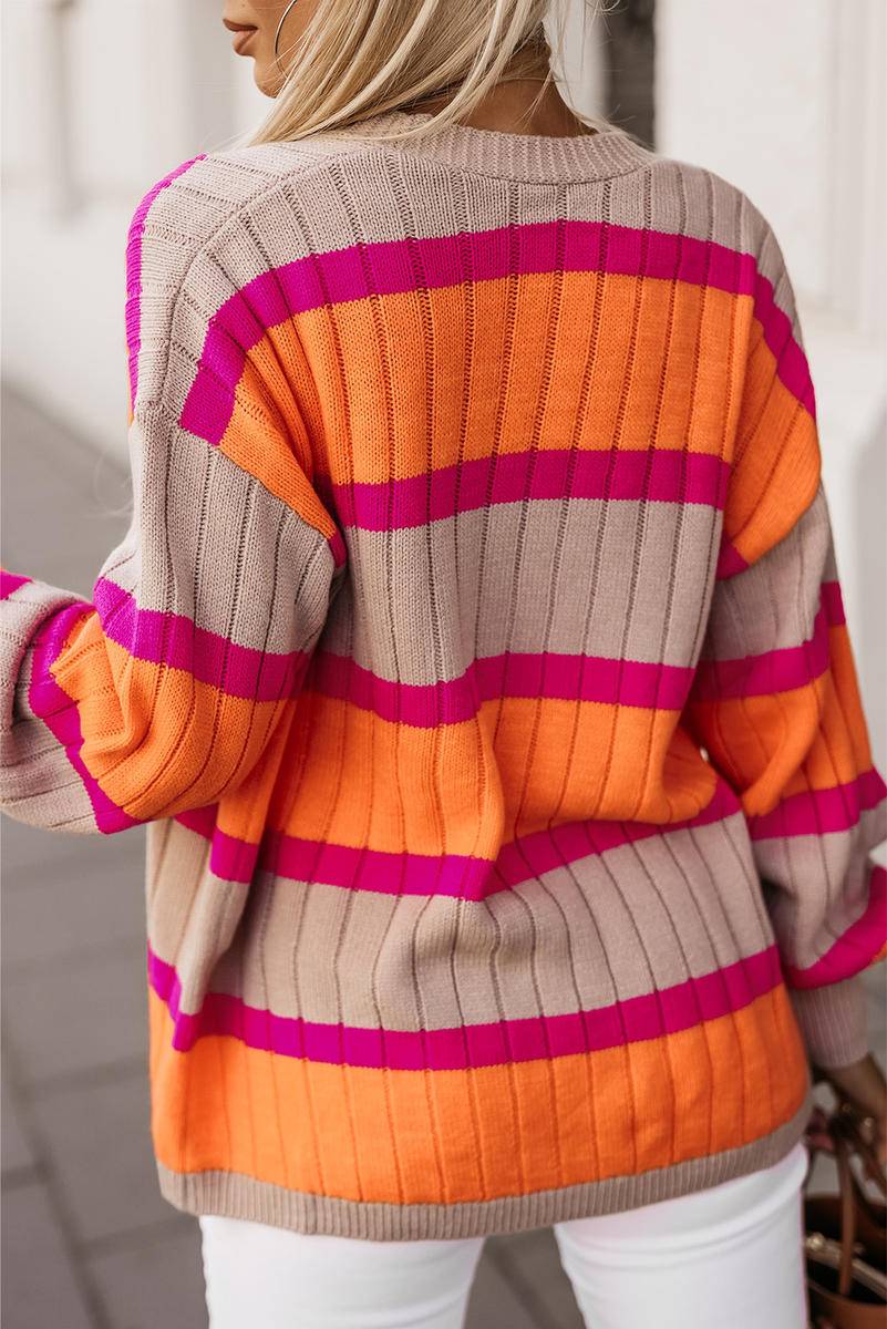 Striped Colorblock Drop Shoulder Slouchy Cardigan