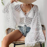 See-Through Lace-Up Fringes Openwork Cover Up